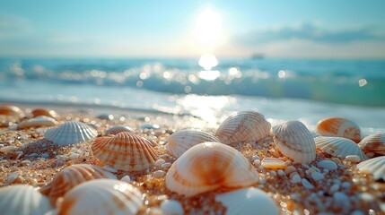 Fototapeta na wymiar Close-up Exploration: Shell-Laden Beach Generative AI