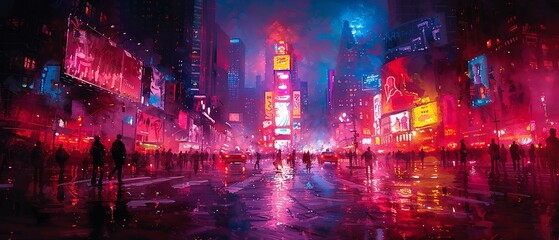 A bustling cityscape at night comes to life in neon colors. 