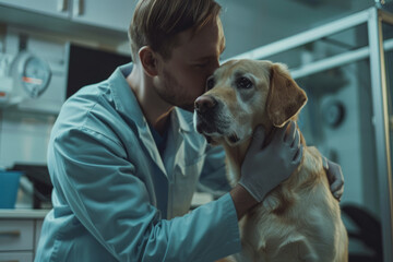 The man hug and kiis the dog. The labrador at vet clinic. The veterrinarian examinated a dog on the...