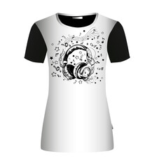 Music design. Abstraction music. Headphones and notes. T-shirt printing. hand drawing. Not AI. Vector illustration