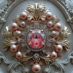 Fototapeta premium Royal Brooch With Precious Stone And Pearls. Illustration On The Theme Of Emblems, Signs And Jewelry. Generative AI 