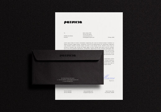 Black Letterhead Letter Envelope Identity Branding Logo Logotype Corporate Stationary Minimal Mockup Template