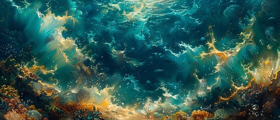 An underwater scene is depicted with heavy, flowing strokes of paint. 