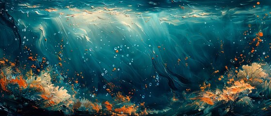 Fototapeta na wymiar An underwater scene is depicted with heavy, flowing strokes of paint. 