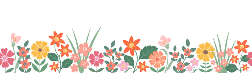 Seamless flower garden border, colorful spring floral frame vector - obrazy, fototapety, plakaty