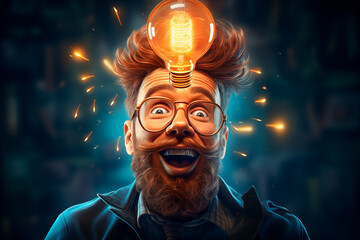 Headshot image of a person having a good idea, with a light bulb floating on his head. Generative Ai. 