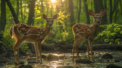Tranquil Forest Clearing with Deer at Dusk Generative AI