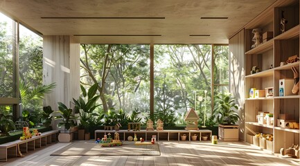 A rendering of an interior view of a modern wooden playroom with toys and bookshelves inside.