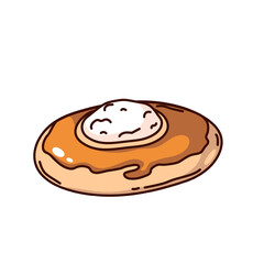 Groovy cartoon sweet curd bun with raisins and brown crust. Funny retro bun with cottage cheese, bakery mascot, cartoon rustic pie of Russian cuisine sticker of 70s 80s style vector illustration