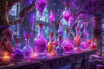 Fantasy creatures brewing potions, their actions a dance of chemical reaction engineering and catalysis, in a forest alive with polymer vines