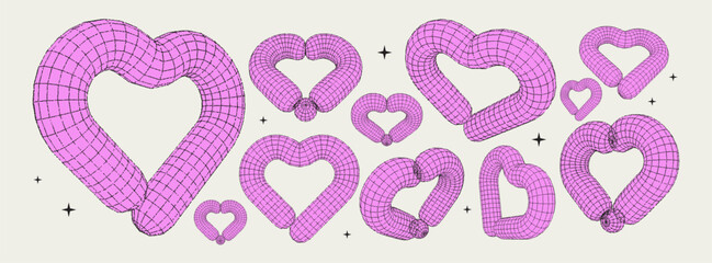 Wireframe Heart Balloons. 3D shapes in trendy futuristic style with a grainy stippling effect. Brutal forms. Vector modern dots illustration. Brutalism Y2K graphic.