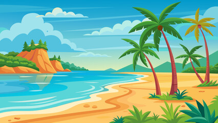 Serene Beach Background Sand, Palm Trees, and More Vector