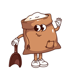 Groovy wheat flour bag cartoon character with wooden shovel. Funny retro burlap sack waving with smile, bakery ingredient mascot, cartoon container sticker of 70s 80s style vector illustration