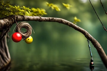fishing bobber tangled on a tree limb with copyspace.. - obrazy, fototapety, plakaty