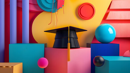 A graduation cap is on top of a pink cube. The cap is black and has a gold tassel. The image is colorful and playful, with a sense of celebration and achievement