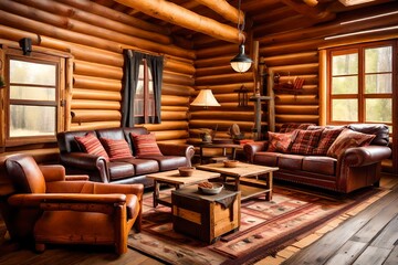 American rancher log cabin lounge interior With copyspace for text. - obrazy, fototapety, plakaty
