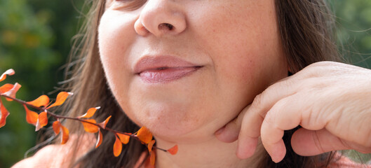 close up Double chin face mature woman 45 years old, human fat neck, side view, double saggy chin,...