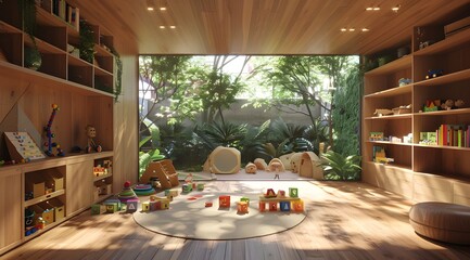 A rendering of an interior view of a modern wooden playroom with toys and bookshelves inside.