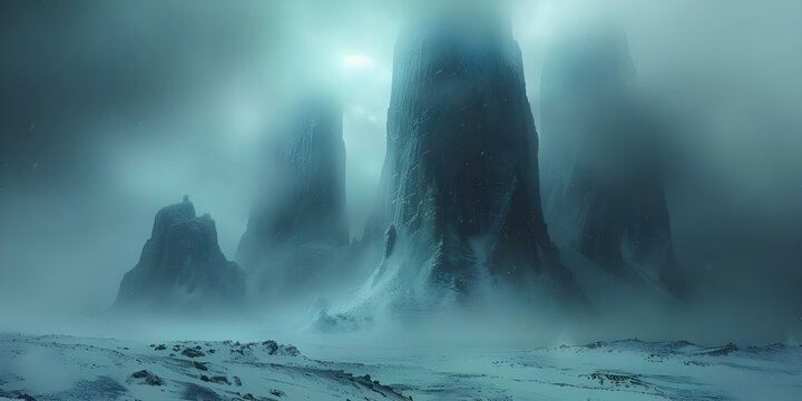 Norse Mythology-Inspired Fantasy Landscape: Icy Mountains and Mysterious Atmosphere. Concept Fantasy Landscape, Norse Mythology, Icy Mountains, Mysterious Atmosphere