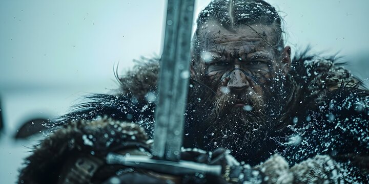 Viking warrior charging with sword in winter landscape ready for battle in Scandinavia. Concept Viking Warriors, Winter Landscapes, Battle Scenes, Scandinavian Heritage, Sword Fighting