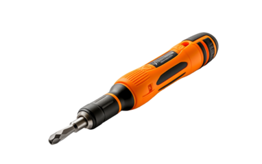 A vibrant orange and black screwdriver resting on a stark white background