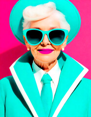 Pop art-style illustration of an older woman dressed in a turquoise suit, hat, and glasses with...