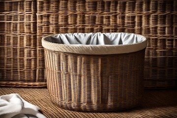 Close-up of a contemporary interior wicker laundry basket. - obrazy, fototapety, plakaty