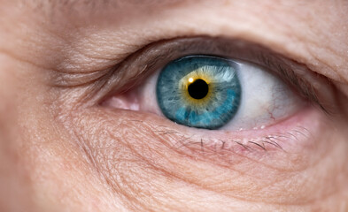 close-up mature female eye looking to side, concept of patient care, wrinkles around eyes, upper...