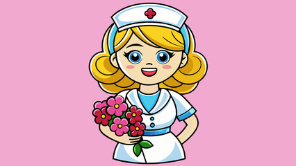 Radiant Nurse Smiling with Flowers  Vector Illustration