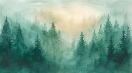 Hand-Drawn Watercolor Forest Landscape with Fir and Spruce Trees Generative AI