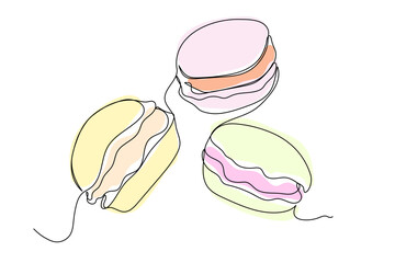 Set of macaroons with sweet fruit cream icons. Vector cakes illustration in minimal line style.