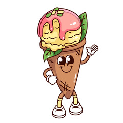 Groovy pistachio ice cream cartoon character waving with hand up. Funny retro sundae with waffle cone, pink syrup. Sweet ice summer dessert mascot, cartoon sticker of 70s 80s style vector illustration