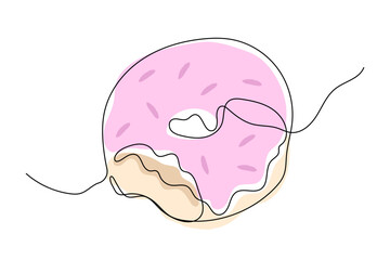 Continuous line doughnut with strawberry cream icon. Vector donut illustration in minimal style.