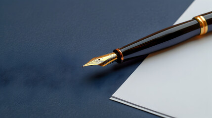 A pen is on a piece of paper with a blue background. The pen is black and gold