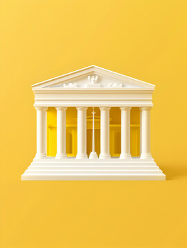 A white building with columns and a yellow background. The yellow background gives the building a sense of importance and authority
