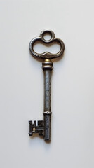A silver key with a gold handle sits on a white background. The key is old and worn, with a small hole in the middle. Concept of nostalgia and history