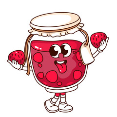 Groovy jar of strawberry jam cartoon character holding berry fruits. Funny retro transparent glass bottle with tongue sticking out, sweets mascot, cartoon sticker of 70s 80s style vector illustration - obrazy, fototapety, plakaty