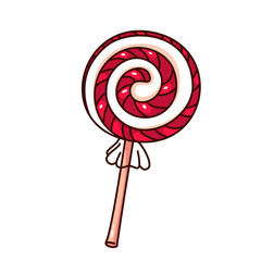 Groovy cartoon spiral lollipop with red and white twirls. Funny retro candy with stick and swirls, sweet dessert of confectionery mascot, cartoon lollipop sticker of 70s 80s style vector illustration