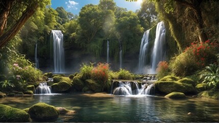 Digital Illustration of Exotic Waterfalls in The Forest - obrazy, fototapety, plakaty