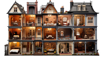 A large dollhouse with numerous intricately decorated rooms and a plethora of charming details