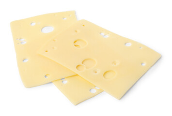 Slices of tasty fresh cheese isolated on white, above view