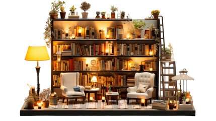 A cozy room adorned with overflowing bookshelves, elegant furniture, and a welcoming atmosphere