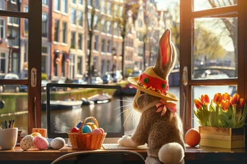 Fotobehang Rabbit With Hat Sitting by Window © Dzmitry
