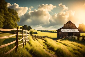 Farm background with barn and wooden fence. Rural landscape farmyard illustration. Summer outdoor...