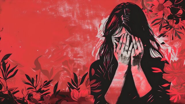 Distressed Woman Illustration in Red Palette, Emotional Abstract Art, Modern Graphic Design Expressionism Style. AI