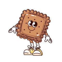 Groovy square biscuit cartoon character with happy face. Funny retro crispy grain cracker with arms and legs standing , sweet shortbread mascot, cartoon sticker of 70s 80s style vector illustration