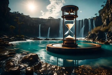 A surreal landscape featuring a magical hourglass with waterfalls flowing from it, with copyspace in the cascading water - obrazy, fototapety, plakaty