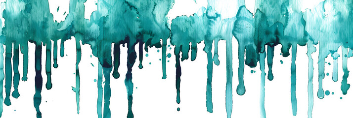 Teal and turquoise watercolor paint drips on transparent background.