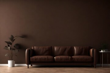 Home mockup interior background, dark brown room with minimal decor, 3d render