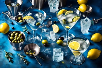 Bar background with martini glasses, shaker, ice, lemon and olives on blue table top-down copy space
